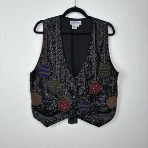 VTG Women Holiday Christmas Party Sequin Beaded Black Red Vest Ornaments Size XL